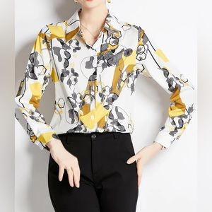 NWOT- Women Abstract print Shirt Collar long sleeve commuters shirt blouse